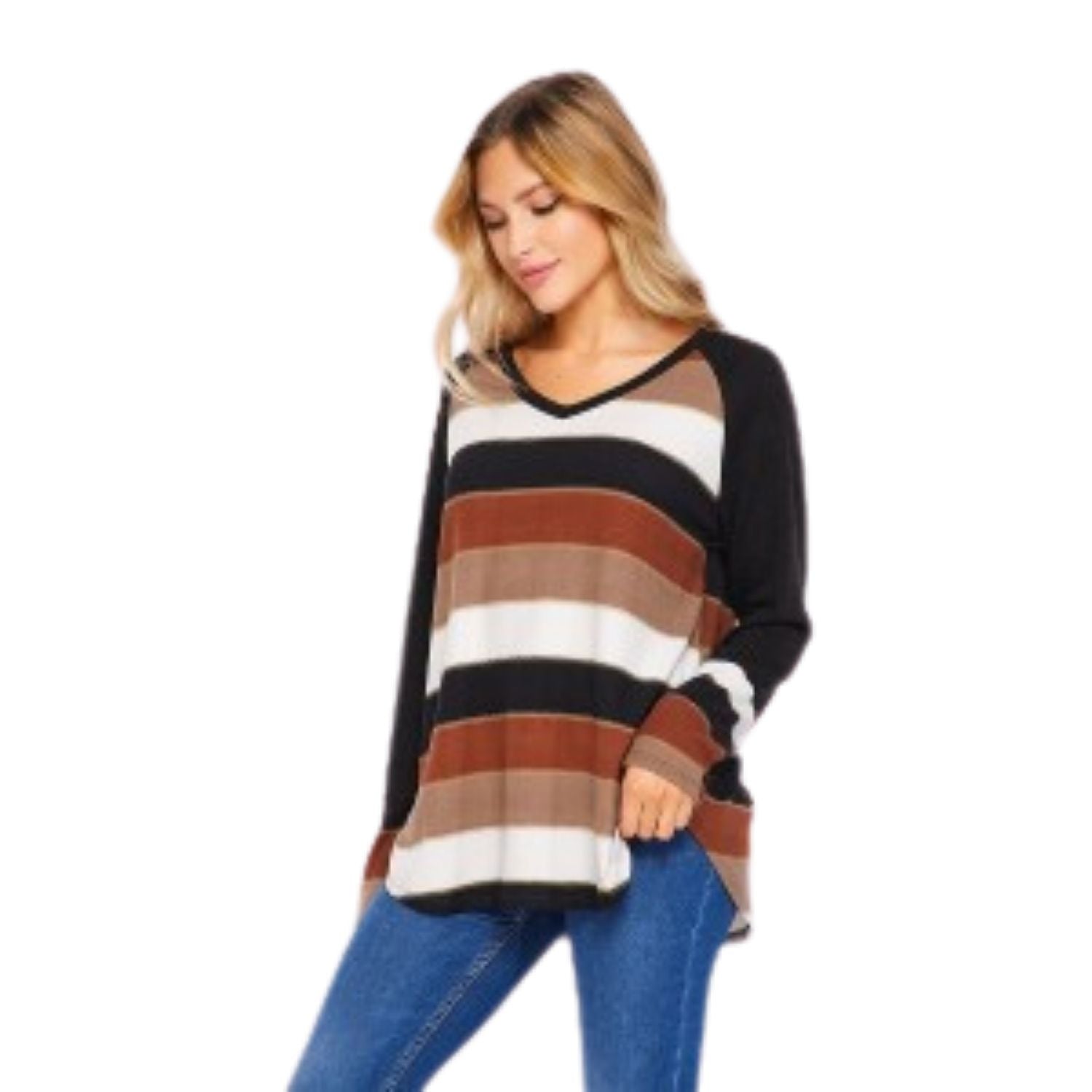 HoneyMe Womens Long Sleeve V-neck Lightweight Knit Sweater, Black Mocha Stripe
