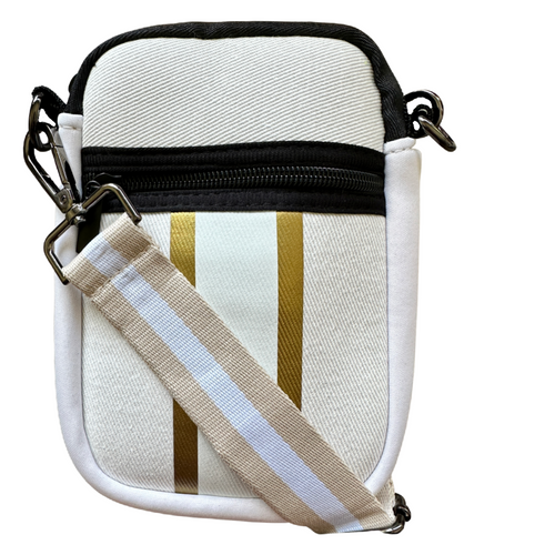 Neoprene and Canvas Small Crossbody Purse with Adjustable Strap, White and Gold
