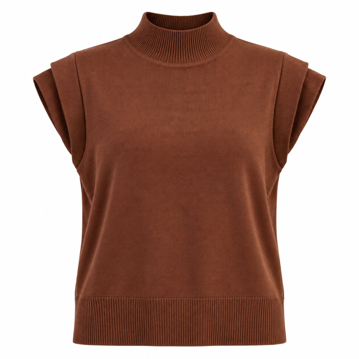 Easel Women's Mock Neck Rolled Cap Sleeve Knit Sweater Top, Brown