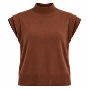 Easel Women's Mock Neck Rolled Cap Sleeve Knit Sweater Top, Brown