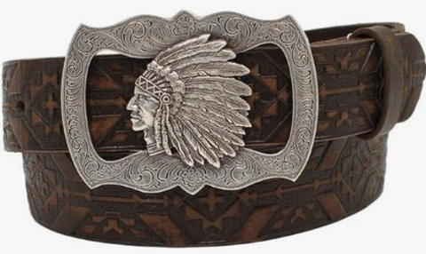 Nocona Womens Aged Floral Buckle Embossed Leather Belt