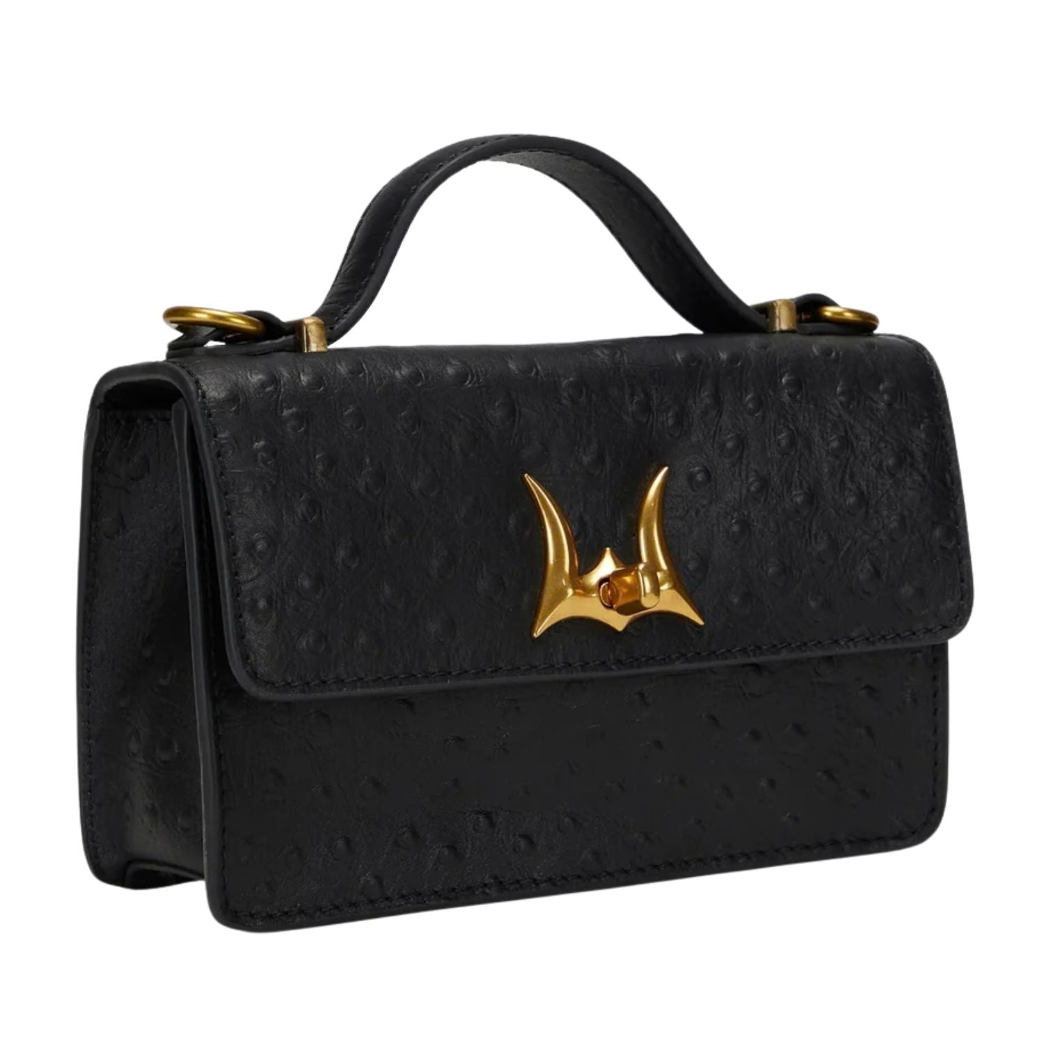 Loyal West Womens Valencia Ostrich Leather Bag - Black with Gold Hardware