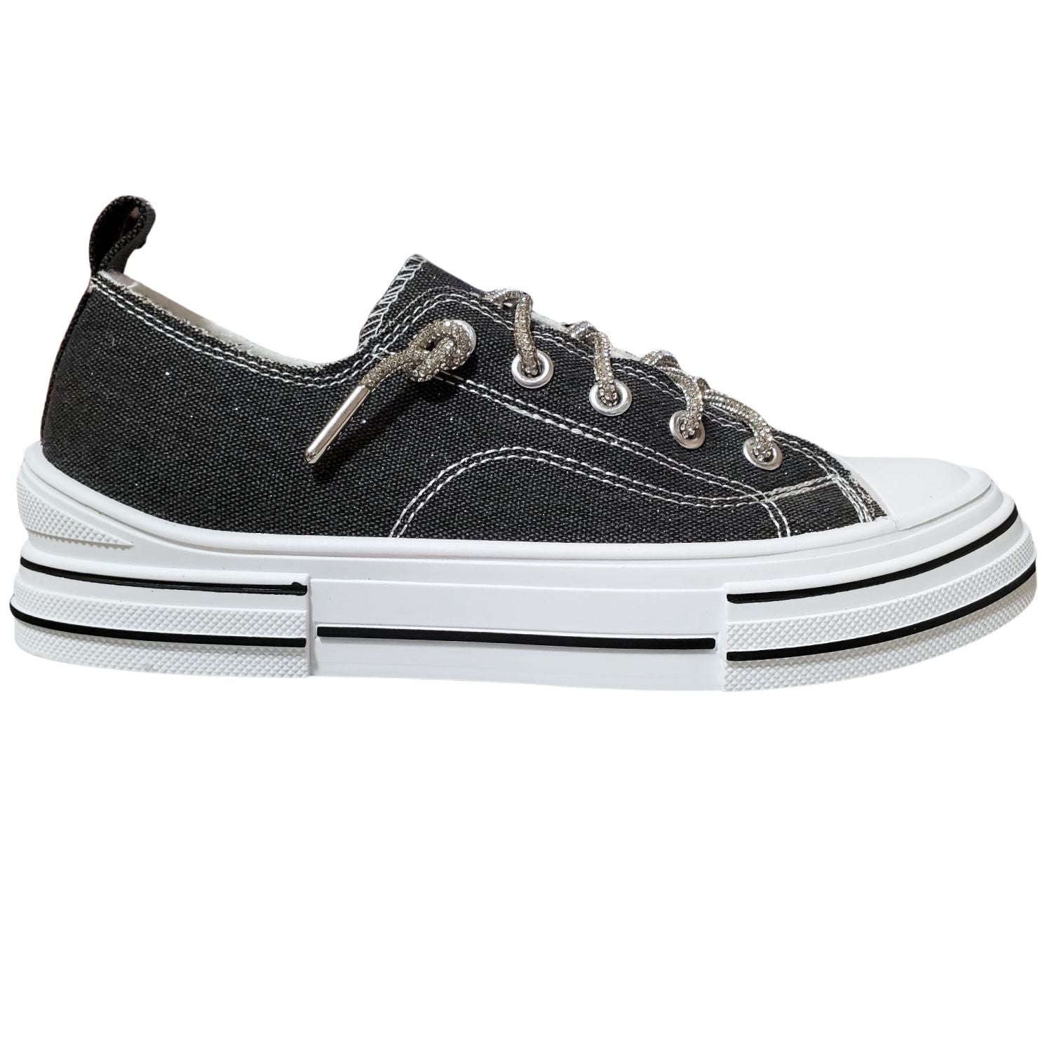 Very G Womens Aman Sparkle Lace Up Canvas Sneaker, Black