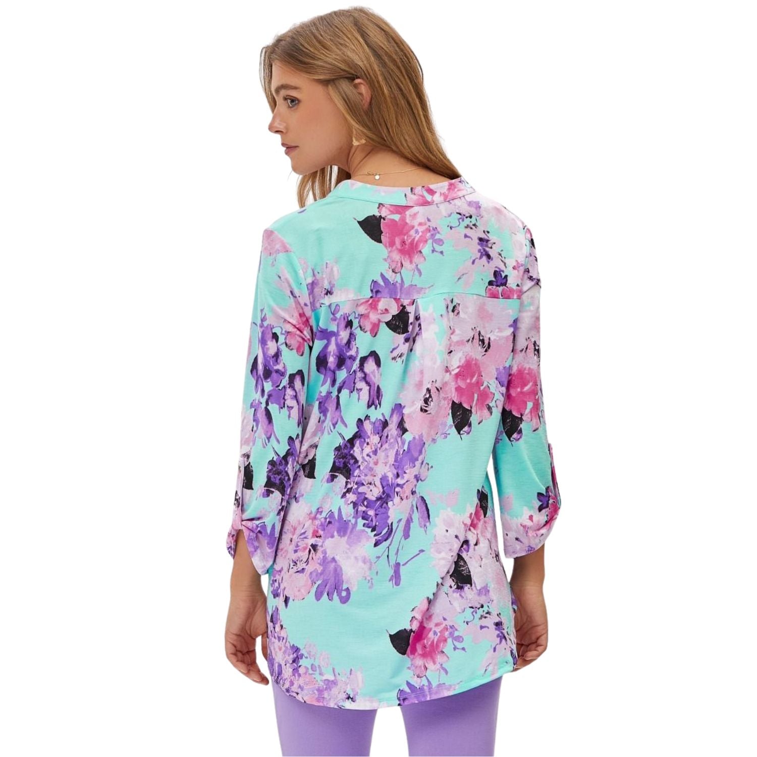 Dear Scarlett Womens Lizzy Relaxed Flowy High Low Blouse, Mint Multi