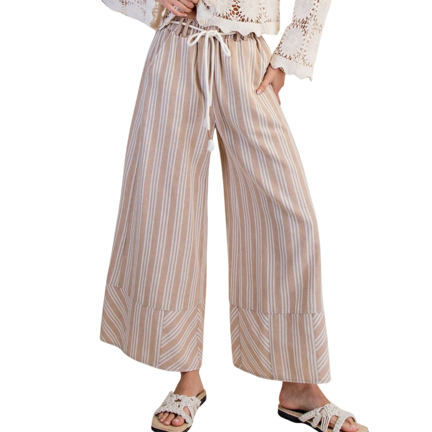 Easel Womens Striped Linen Washed Palazzo Wide Leg Relaxed Fit Pants- Khaki