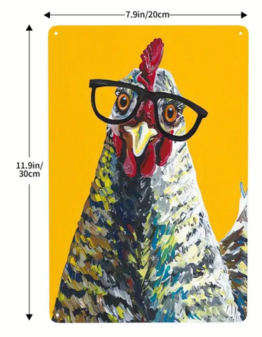 Chicken Sign, Smart Chick with Glasses, Wall Art, Colorful