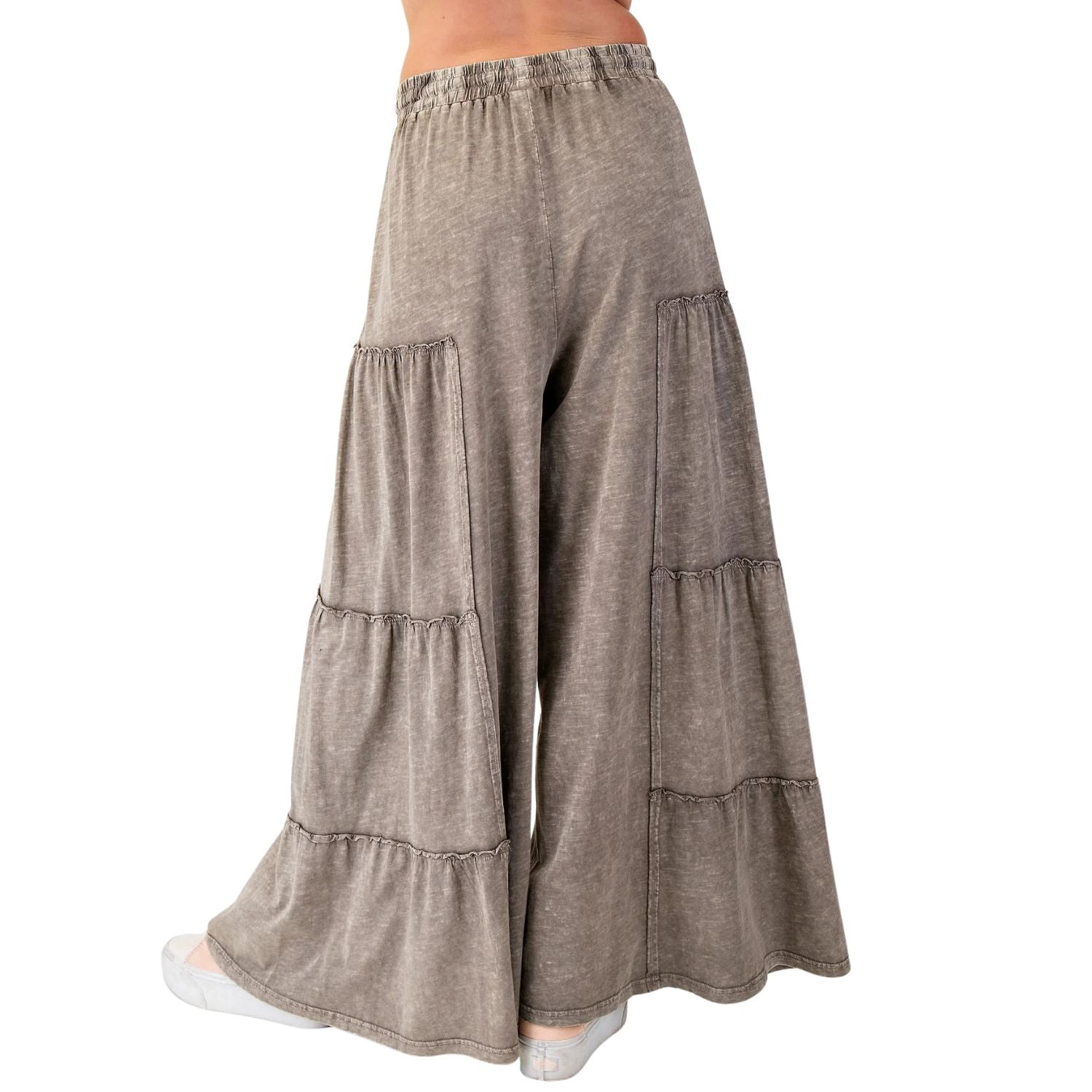 Easel Womens Mineral Washed Tiered Wide Leg Terry Knit Pants