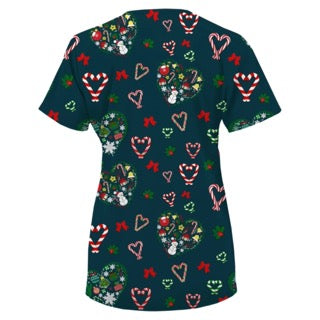 Green Town Womens V-Neck Scrub Top - Christmas Holiday Prints