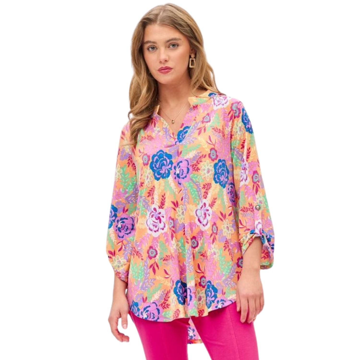 Dear Scarlett Womens Lizzy Relaxed Flowy High Low Blouse, Apricot