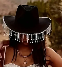 Rhinestone Tassel Women's Western Cowboy Hat, Black