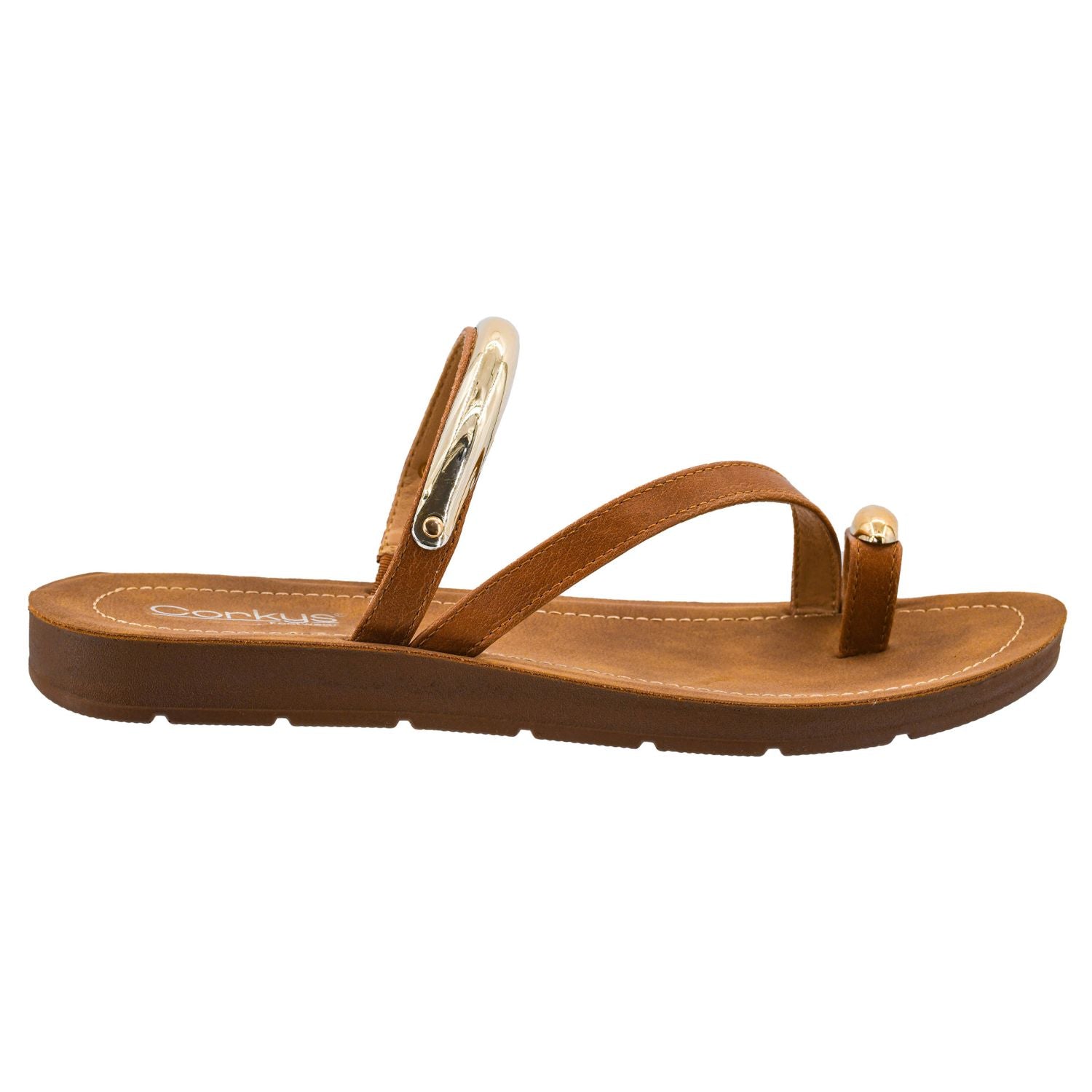 Corkys Footwear Hit The Strip Strappy Sandals with Gold Embellishments, Cognac