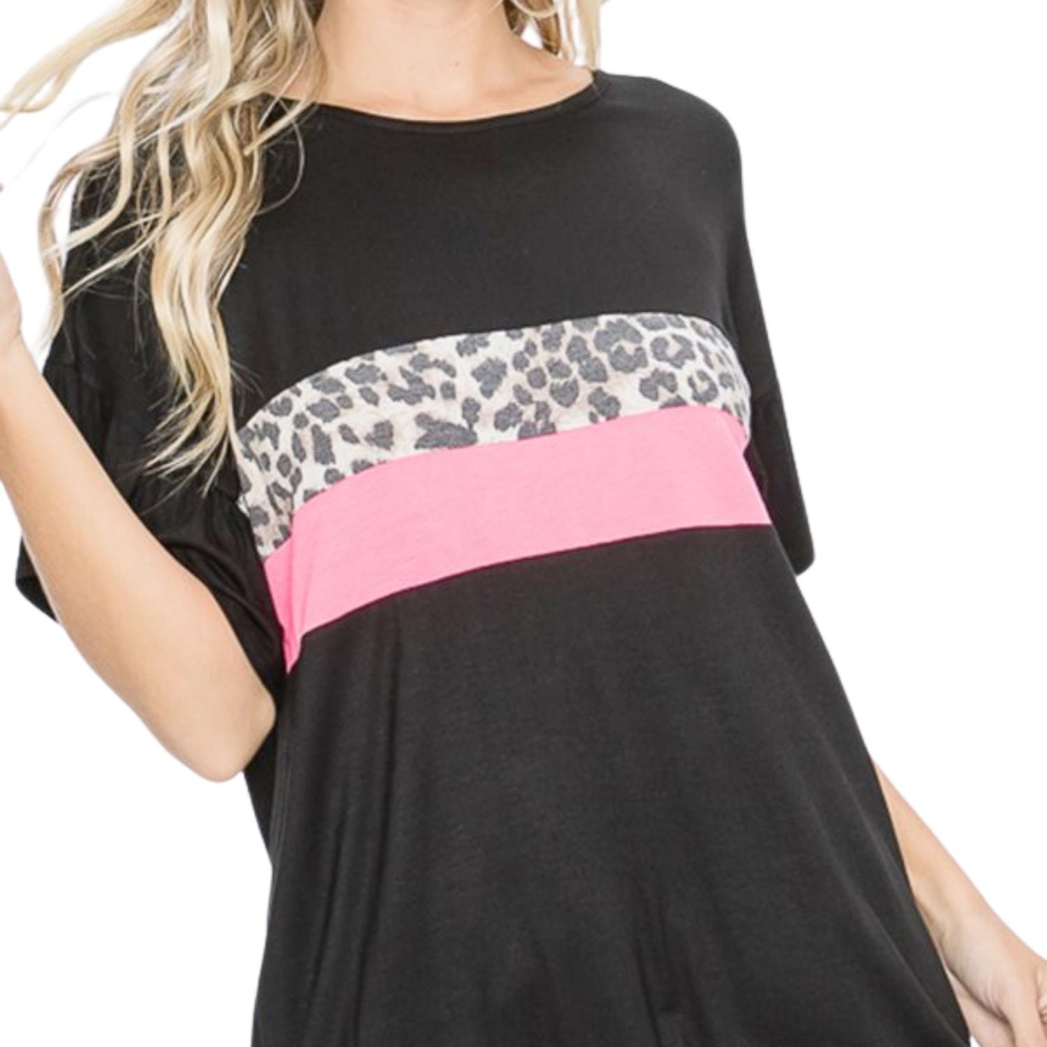 Heimish Womens Solid Leopard Print Contrast Short Sleeve Top