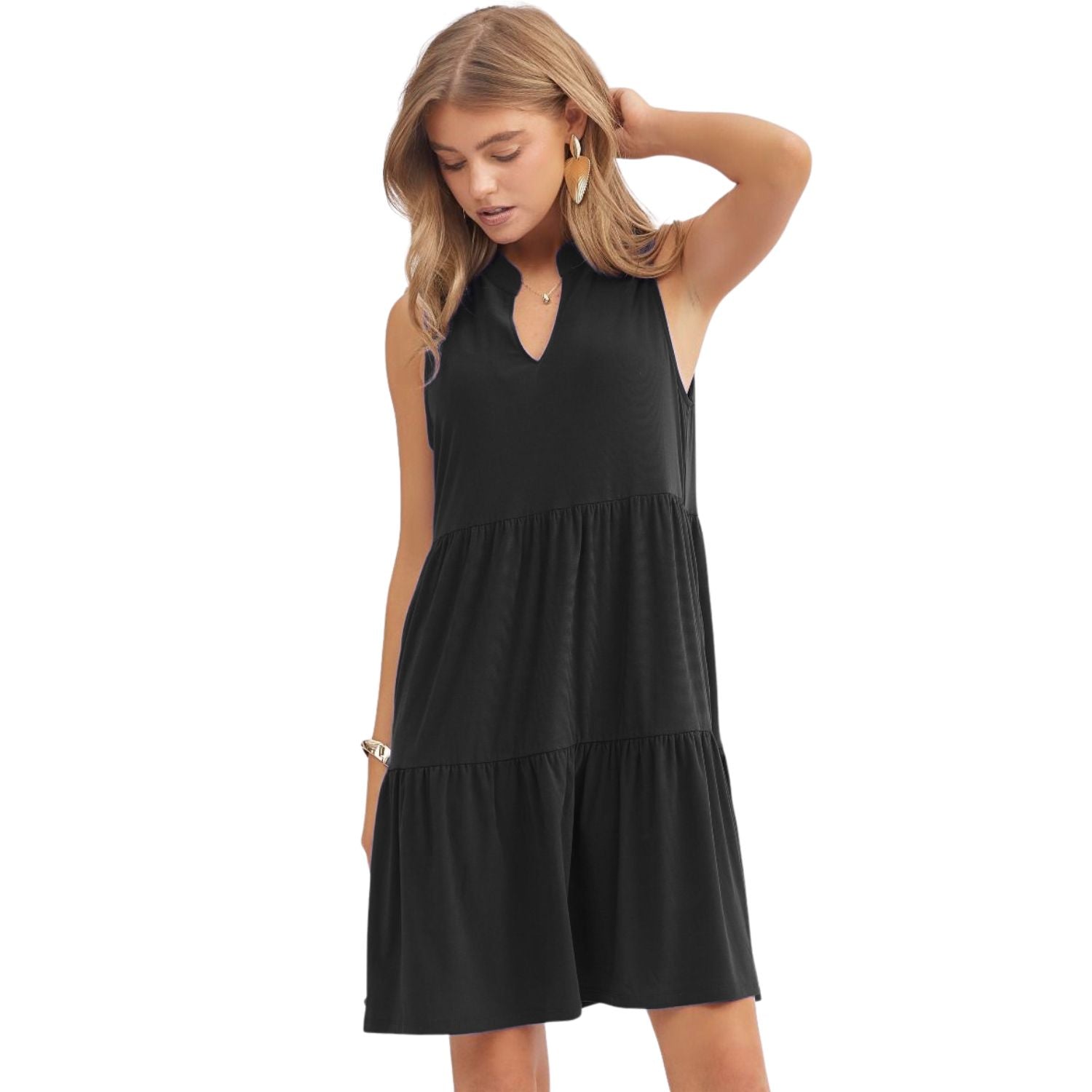 Dear Scarlett Womens Lizzy Sleeveless Relaxed Tiered Dress, Black