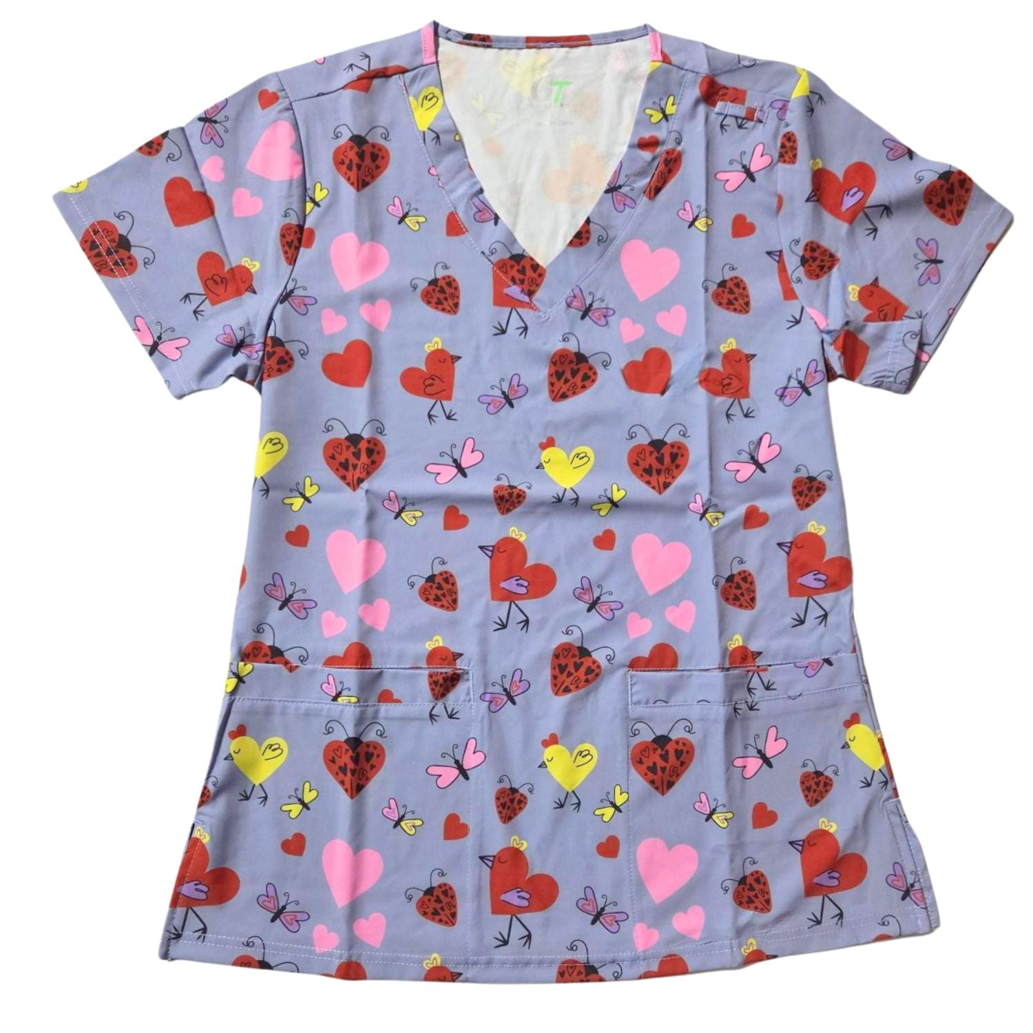 Green Town Performance Womens V-Neck Scrub Top - Valentine's Day Prints