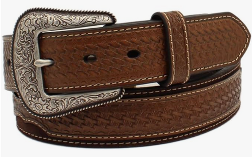 ARIAT Men's 1.5" Basket Weave Tab Round Concho Leather Belt, Brown, 36