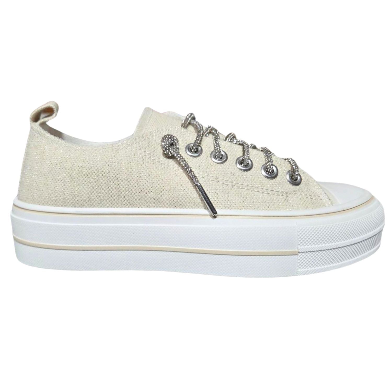 Very G Womens Harmon Sparkle Rhinestone Lace Up Canvas Platform Sneaker, Natural