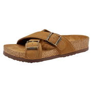 Flojos Womens Wilder Slip On Criss-Cross Straps Memory Foam Sandal, Tan