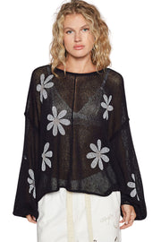 POL Clothing Womens Floral Print Balloon Sleeve Pullover Sweater, Black