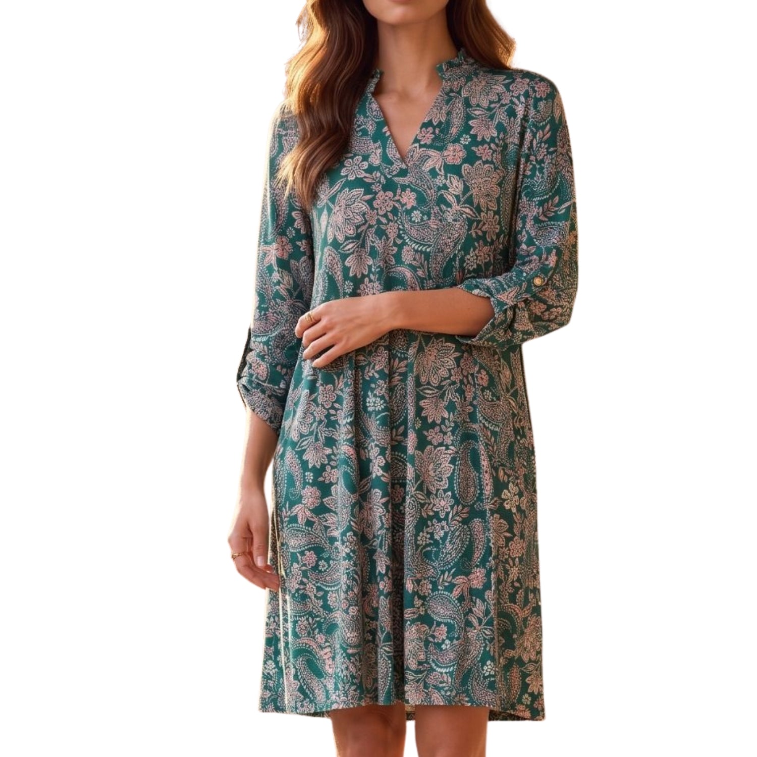 Dear Scarlett Womens Lizzy Wrinkle-Free 3/4 Sleeve Paisley Dress, Hunter Green