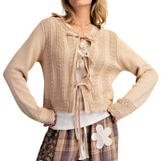 Easel Women's Crochet Trim Tie-Front Cotton Knit Cardigan Sweater, Natural