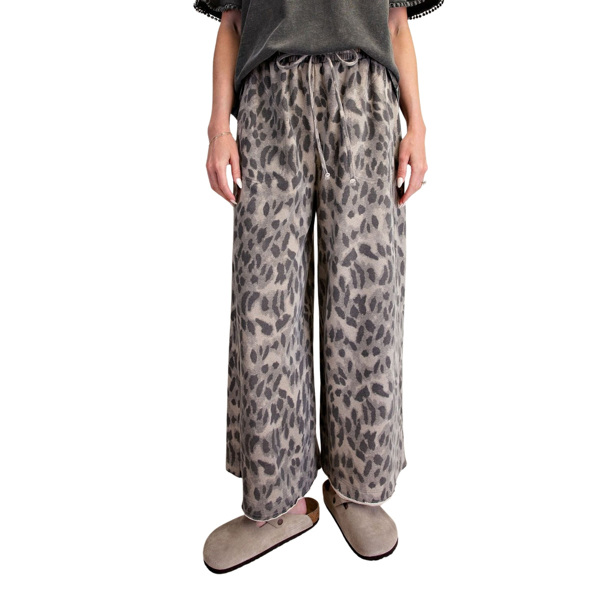 Easel Women's Mineral Washed Leopard Print Wide Leg Terry Knit Pants, Ash