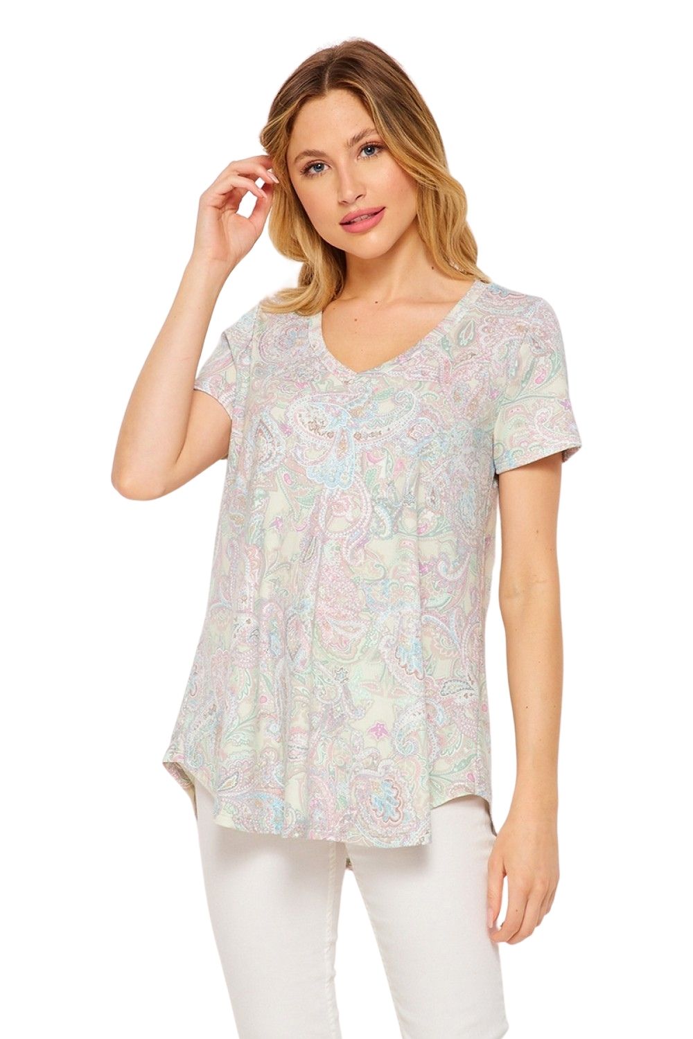 HoneyMe Womens Paisley Print Short Sleeve Tunic Top