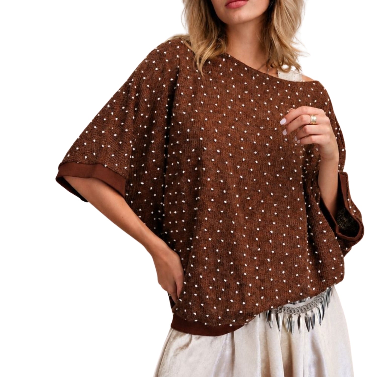Easel Women's Oversized Polka Dot Hacci Knit Poncho Sweater, Brown