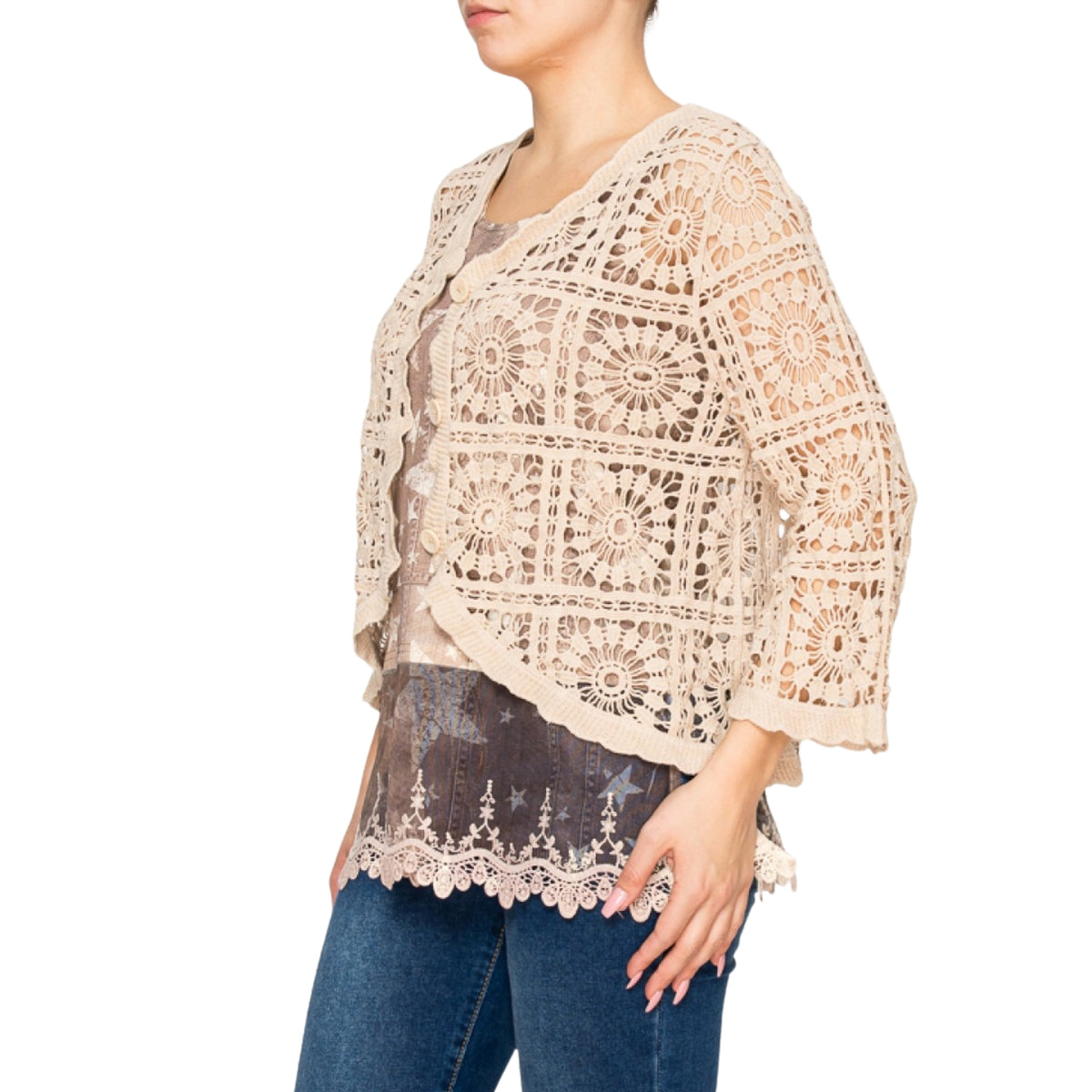 Origami Women's Short Crochet Button Front Cardigan, Taupe