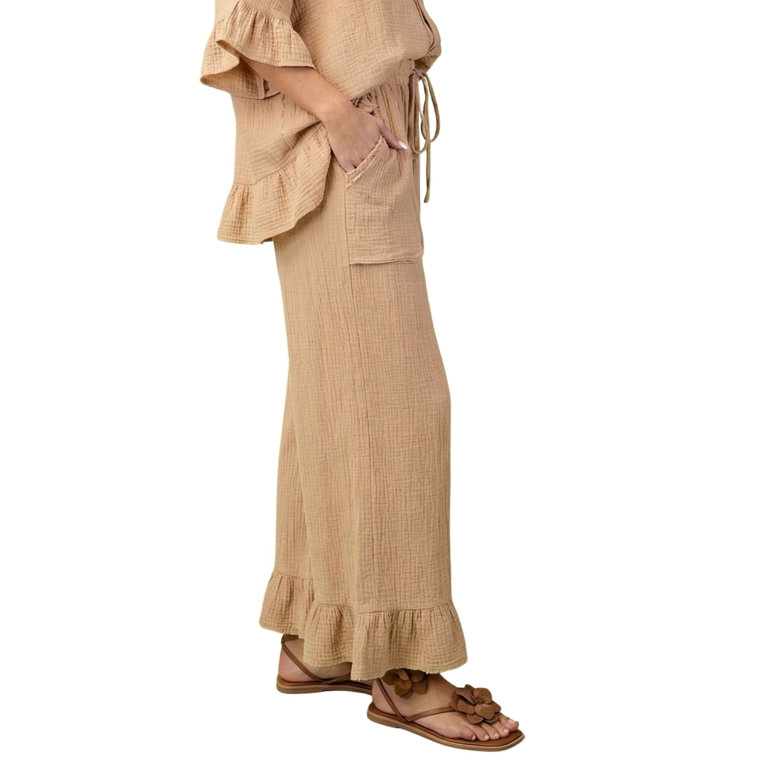 Easel Women's Cotton Gauze Wide Leg Ruffle Hem Drawstring Pants, Khaki
