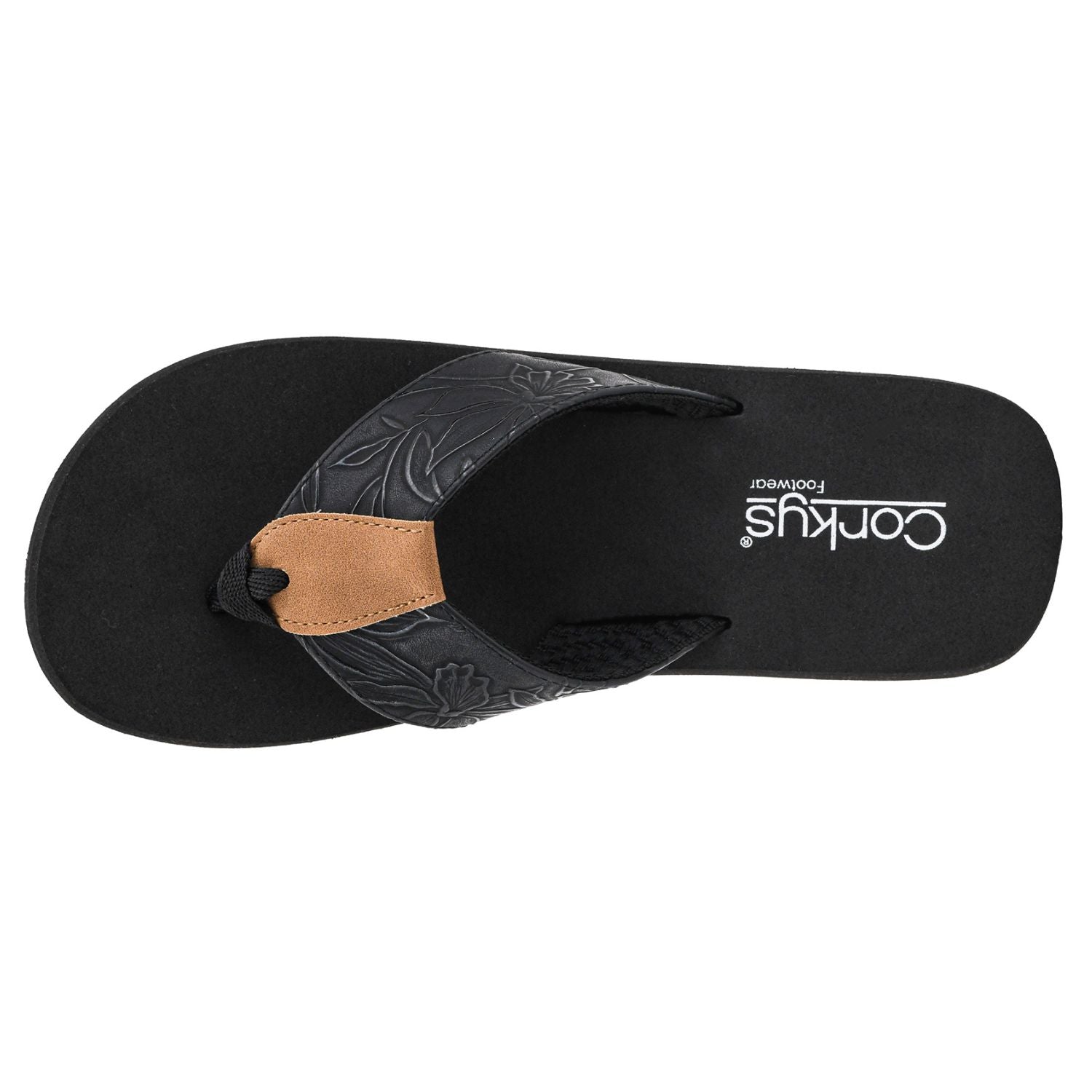 Corkys Footwear Womens Summer Break Flip Flop Sandal- Black Flower Embossed