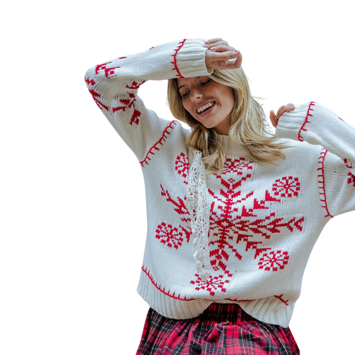 Easel Women's Holiday Snowflake Fair Isle Knit Mock Neck Sweater, Ivory