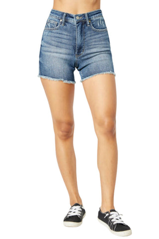 Judy Blue Womens High Waist Rigid Front Stretch Back Fray Hem Shorts