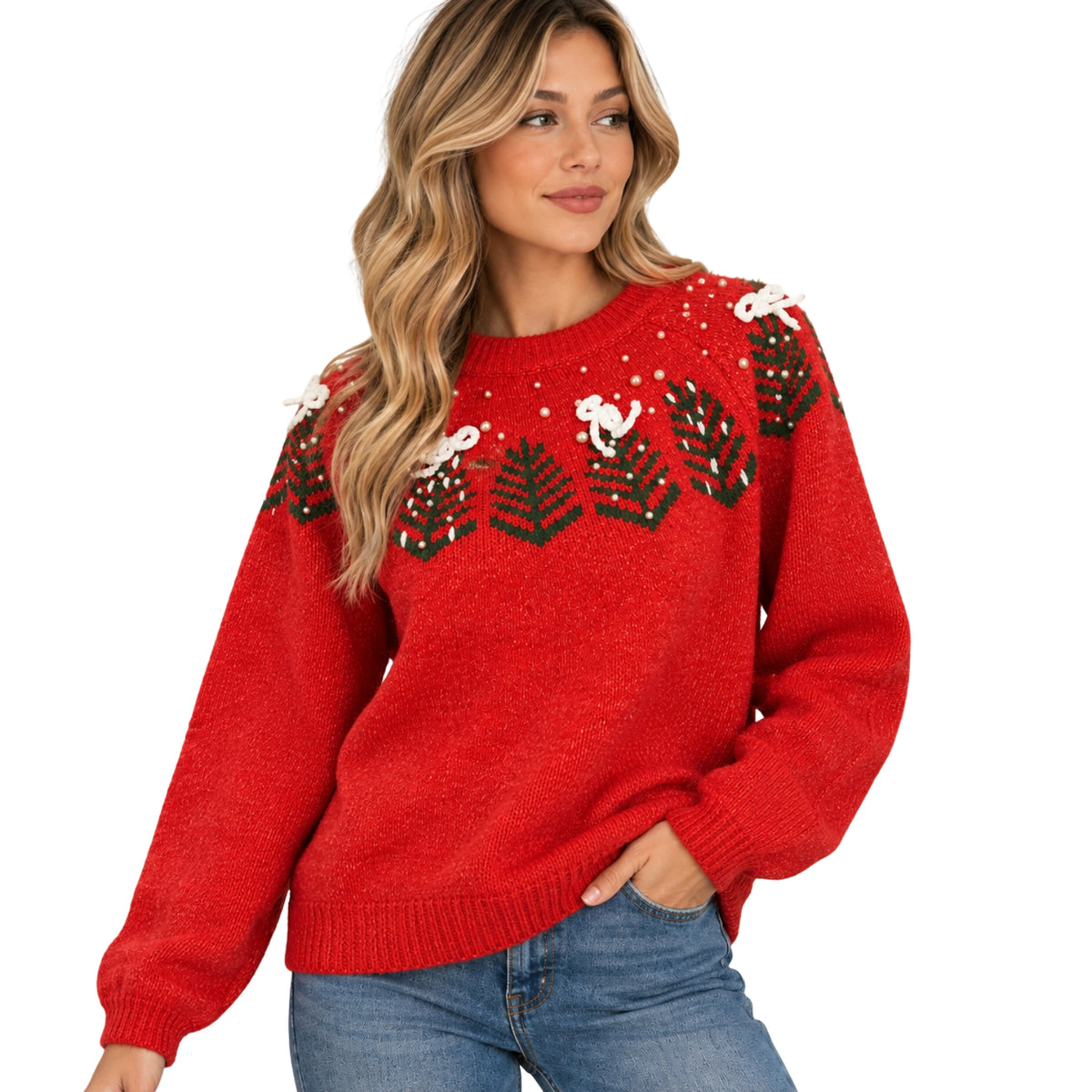Easel Christmas Tree Pearl & Bow Embellished Holiday Sweater, Red
