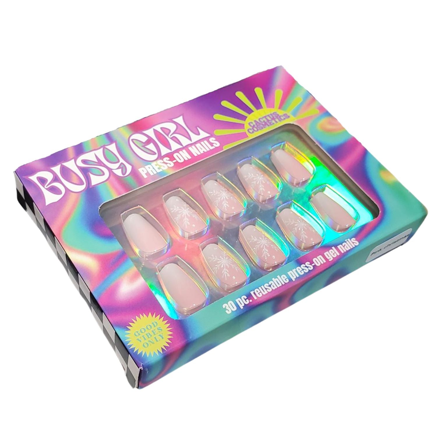 Cactus Cosmetics Busy Girl Reusable Press-On Gel Nails, 30 Piece, Pink Christmas