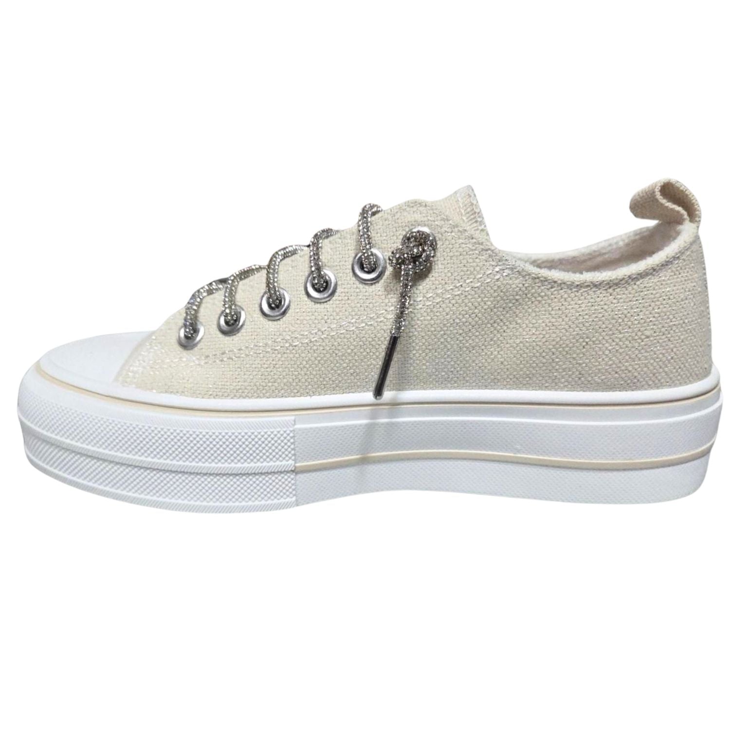 Very G Womens Harmon Sparkle Rhinestone Lace Up Canvas Platform Sneaker, Natural