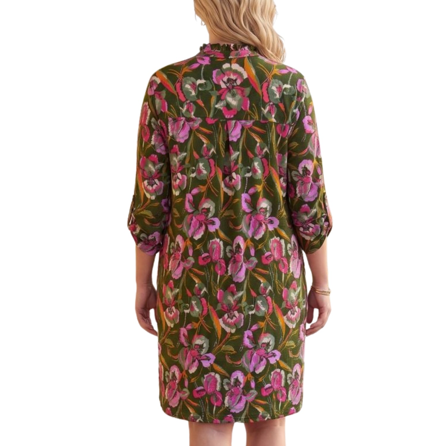 Dear Scarlett Womens Lizzy Wrinkle-Free 3/4 Sleeve Floral Dress, Dark Olive
