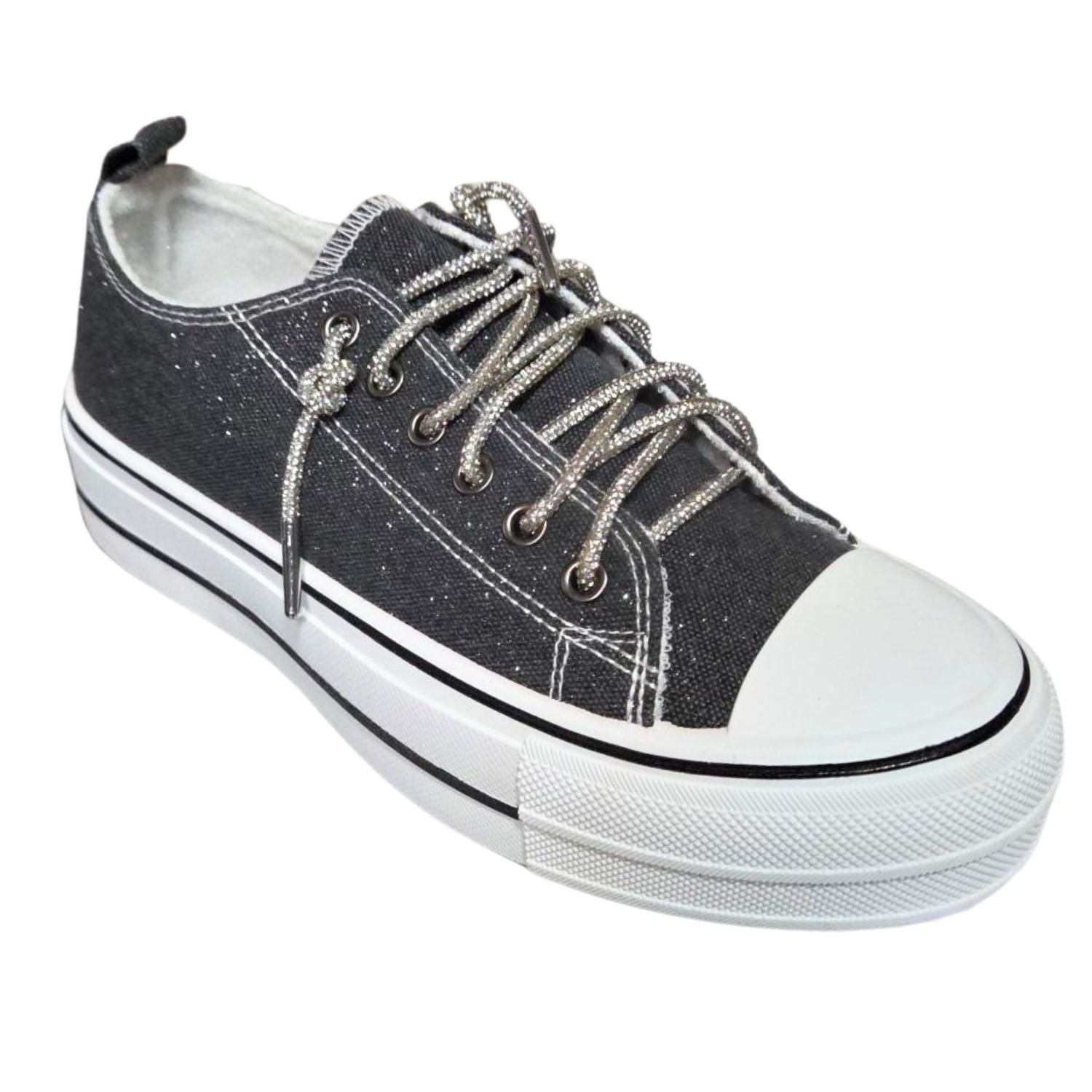 Very G Womens Harmon Sparkle Rhinestone Lace Up Canvas Platform Sneaker, Black