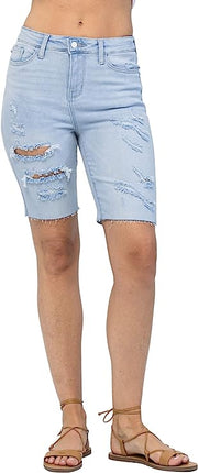 Judy Blue Womens Destroyed Bermuda Distressed Denim Shorts