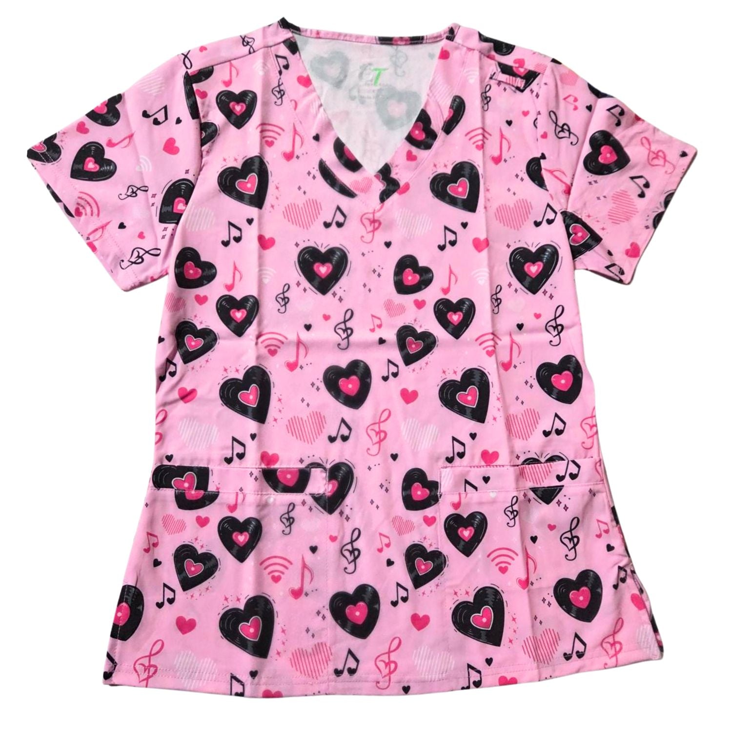 Green Town Performance Womens V-Neck Scrub Top - Valentine's Day Prints