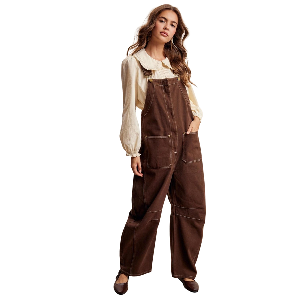 Listicle Women's Barrel Leg Utility Overall Jumpsuit, Mocha