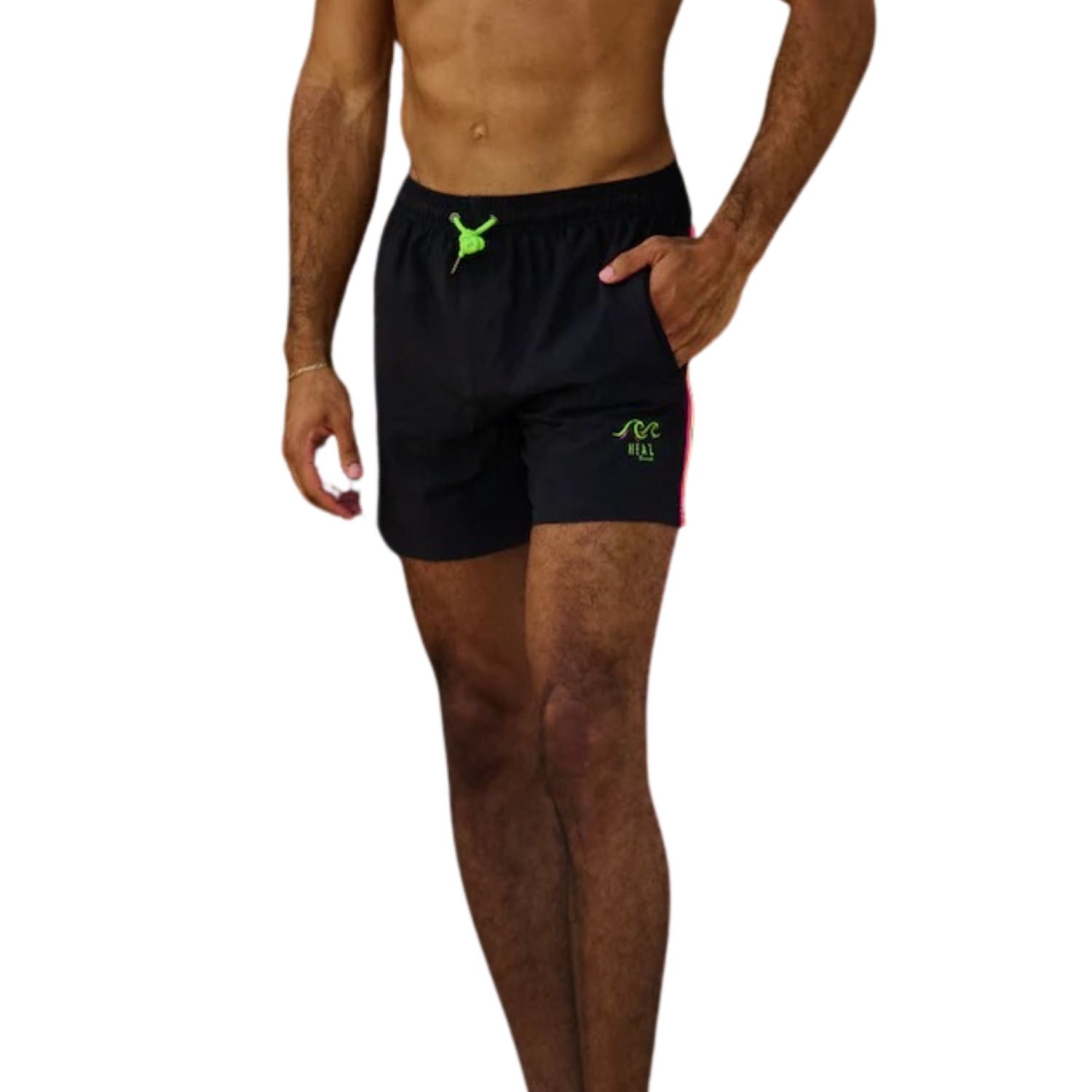 Heat Swimwear Mens Double Neon Stripe Tie Front Board Short Swim Trunks, Black