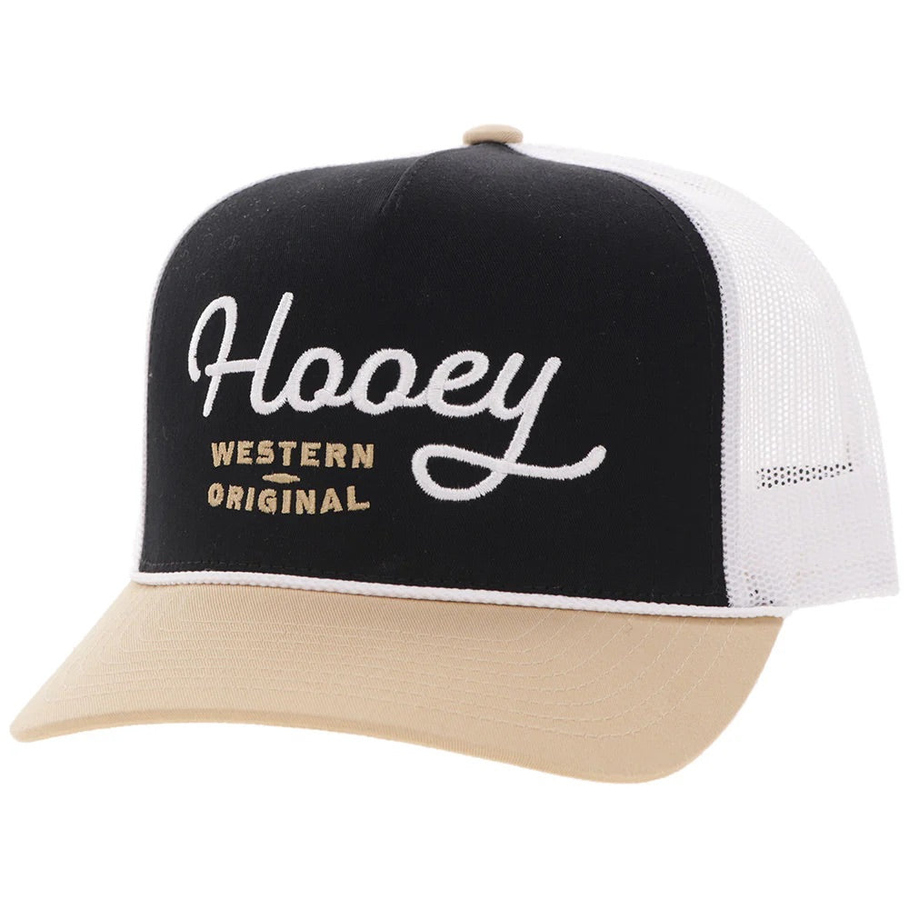 Hooey Mens "OG" Black With White Stitching and Tan Bill Trucker Hat
