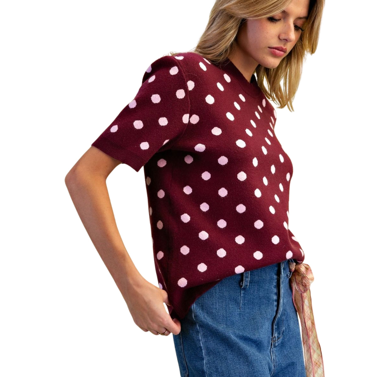 Easel Women's Polka Dot Pattern Knitted Sweater Top, Burgundy