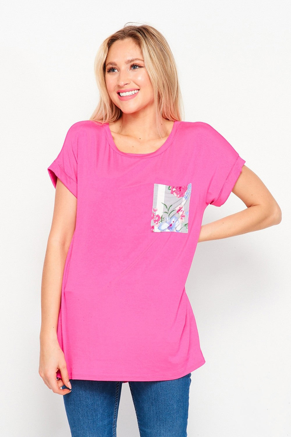 HoneyMe Womens Floral Print Rolled Short Sleeve Top