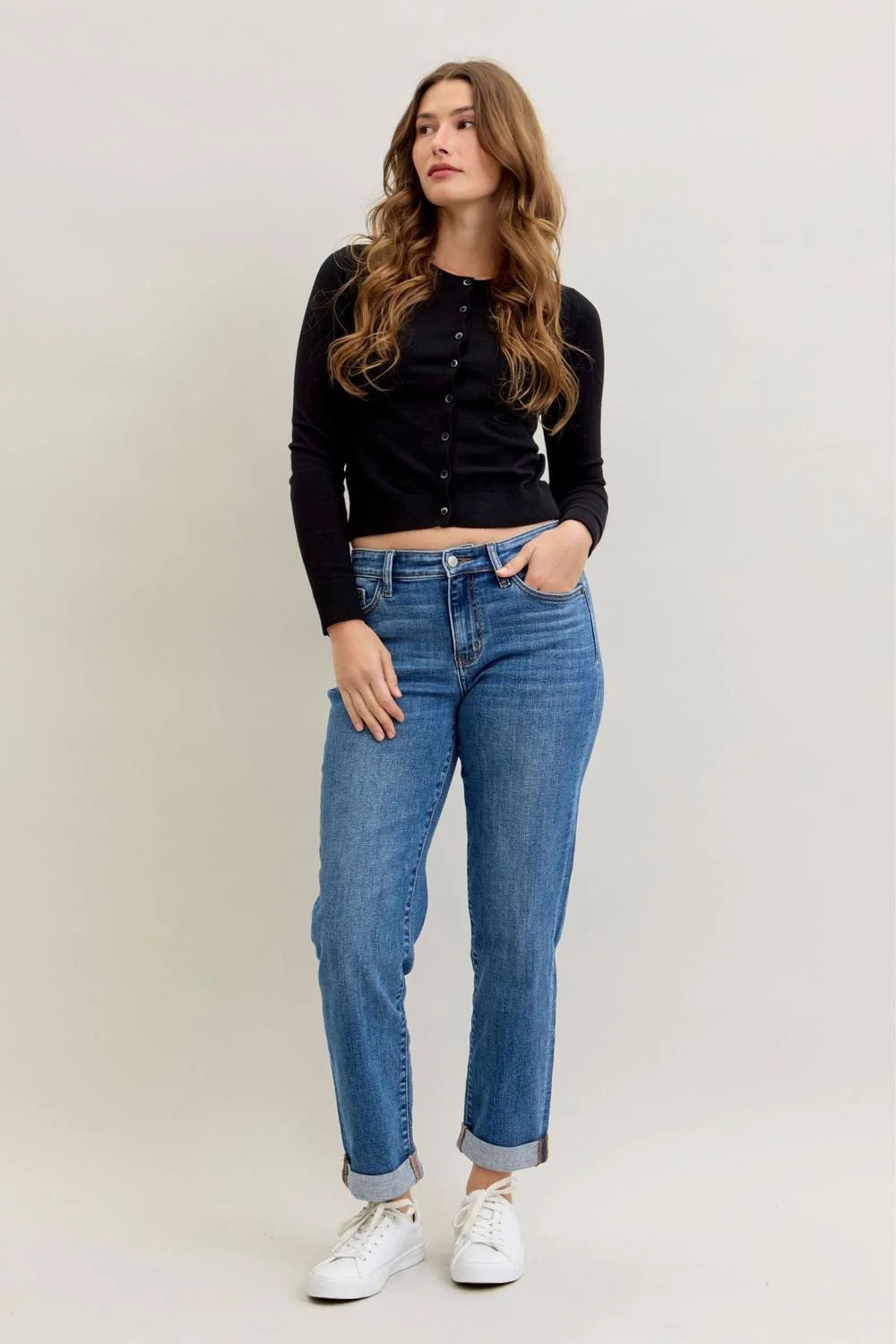 Judy Blue Womens Mid Rise Classic Cuffed Boyfriend Denim Jeans