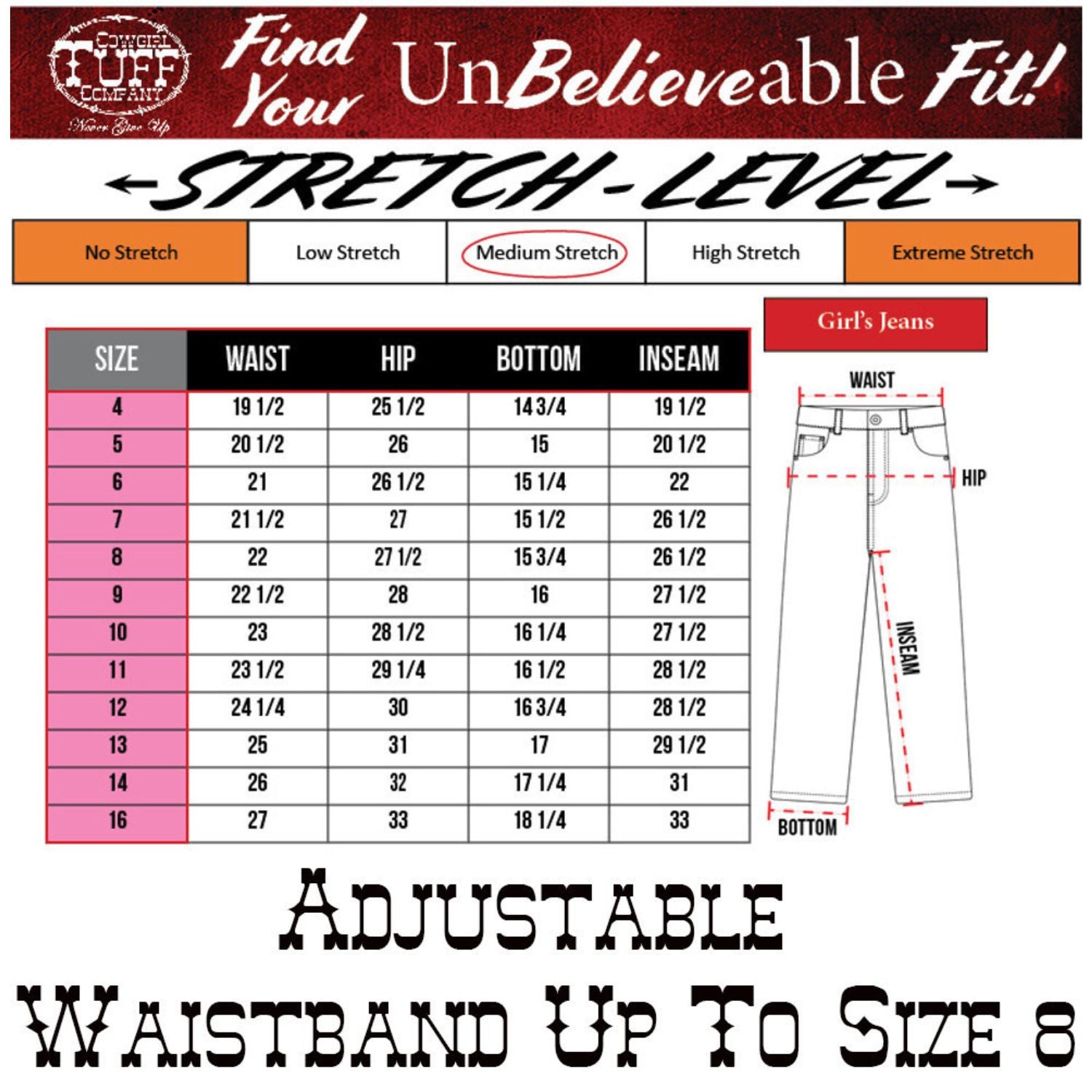 Cowgirl Tuff Girls Stretch Denim Mid Rise Trouser Jeans