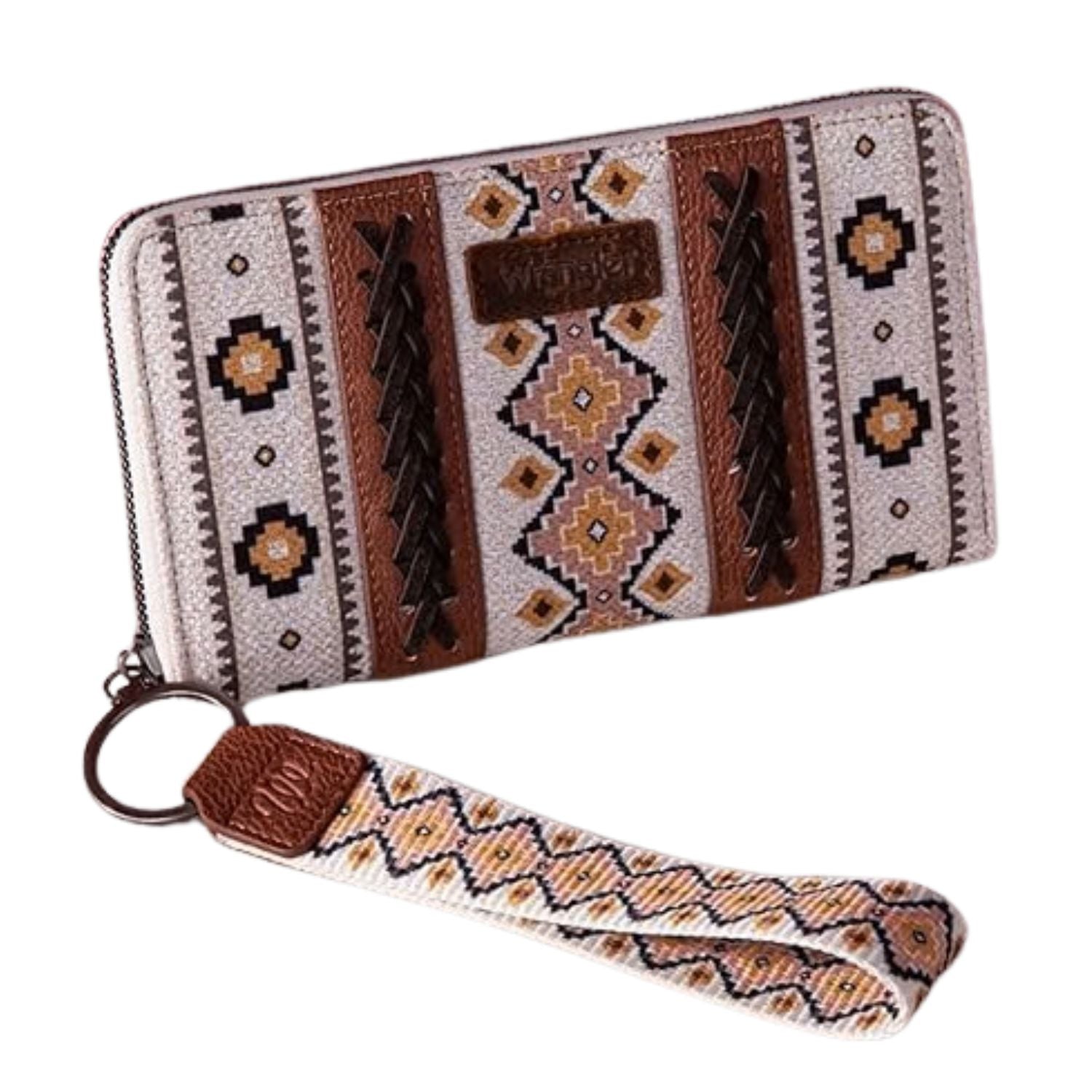 Wrangler Southwestern Art Print Leather and Canvas Wristlet Wallet -Coffee