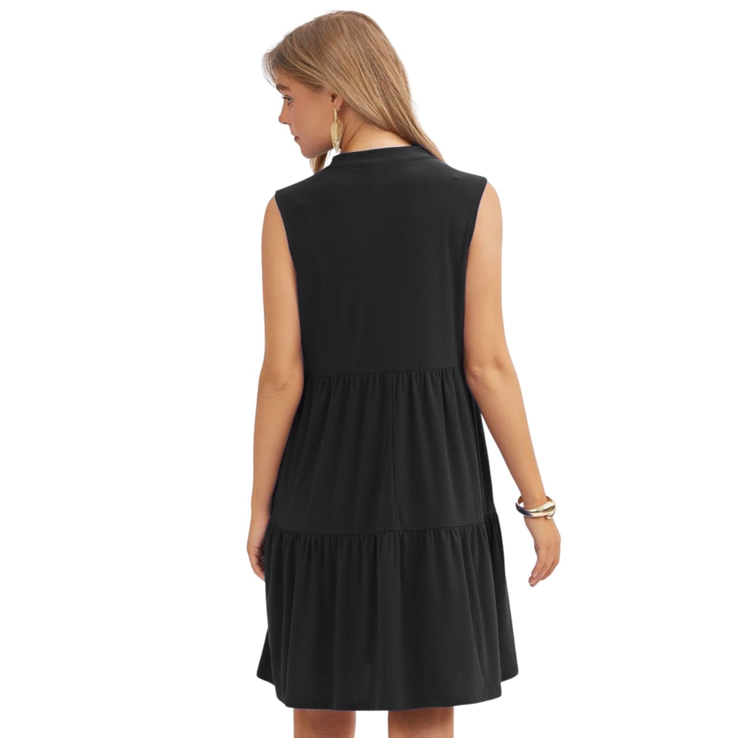 Dear Scarlett Womens Lizzy Sleeveless Relaxed Tiered Dress, Black