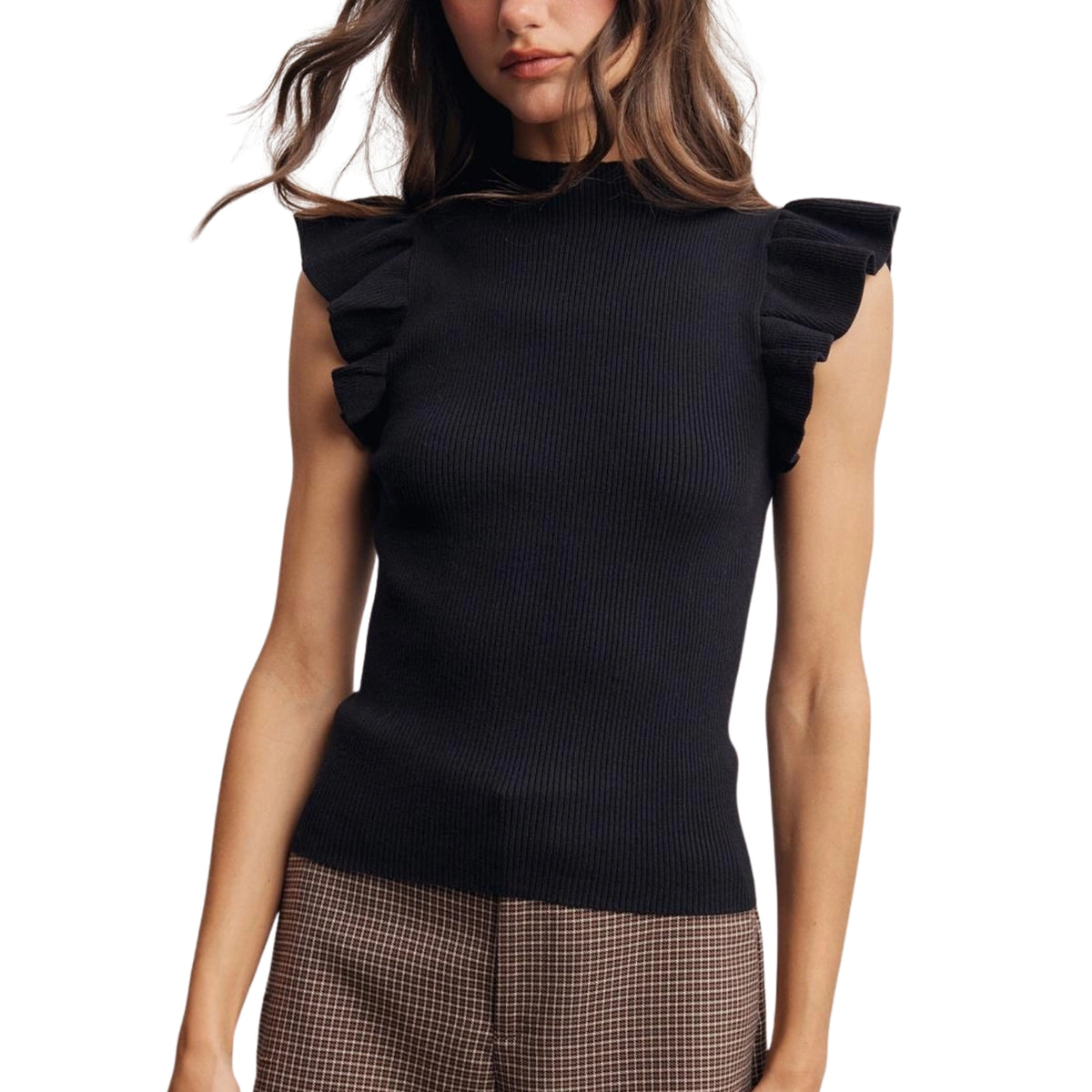 Listicle Forte Women's Ruffle Sleeve Rib Knit Mock Neck Top, Black