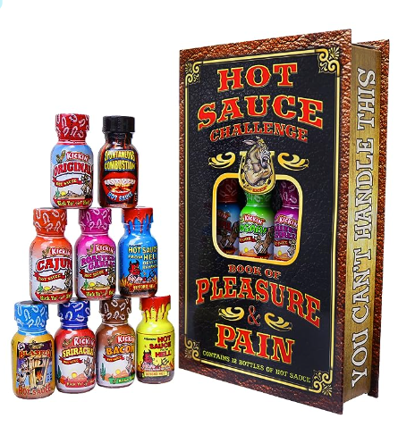 Ass Kickin’ Hot Sauce Challenge Book of Pleasure & Pain Gift Box 12 Mini Bottles